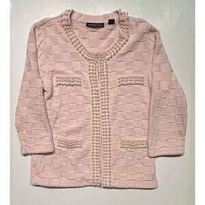 Vtg Michael Simon NY Pink Knit Cardigan Sweater Pearlized Pearl M Medium Jacket